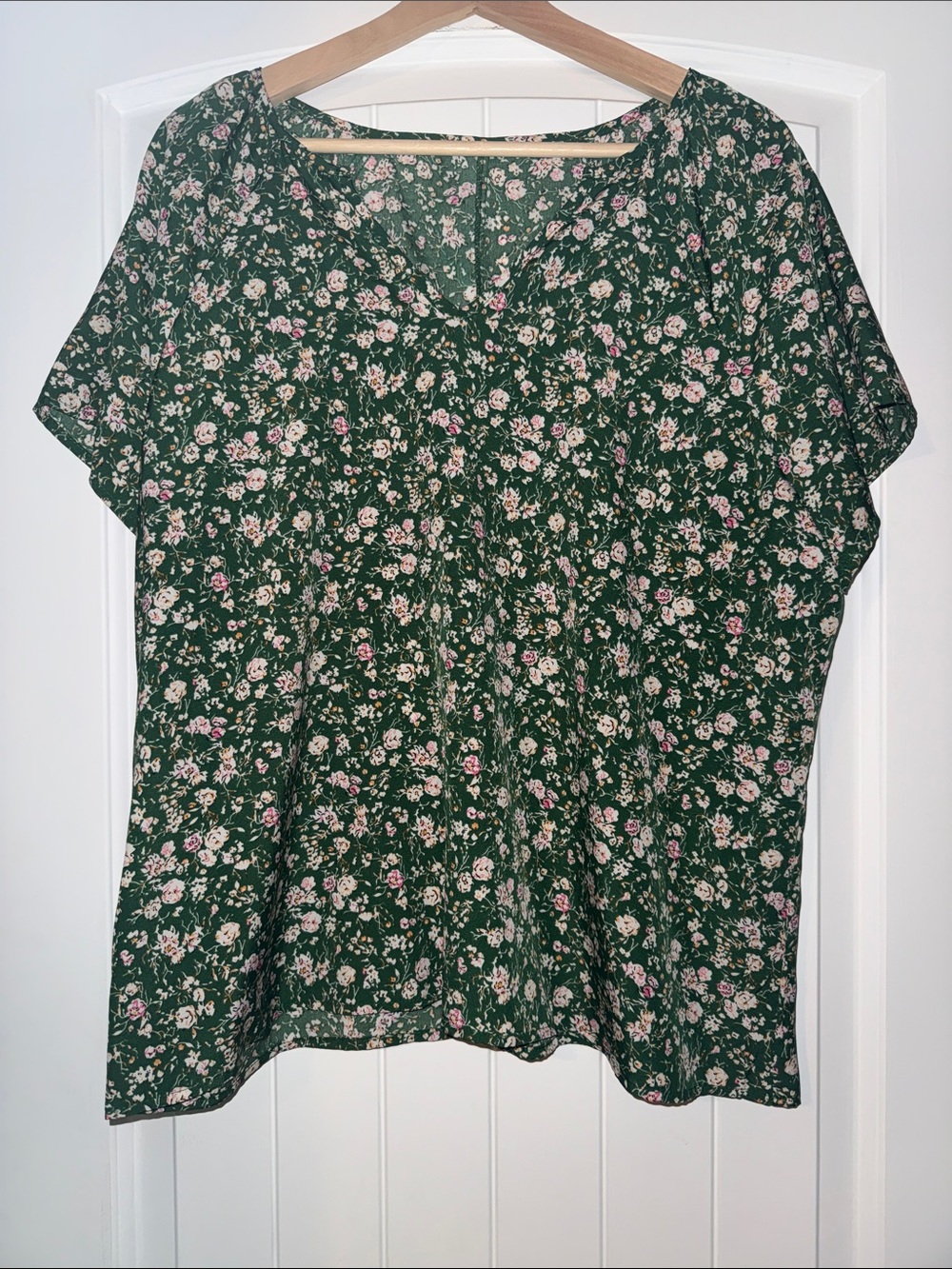 Dark Green Floral V-Neck Blouse with Pink Bloom Detail